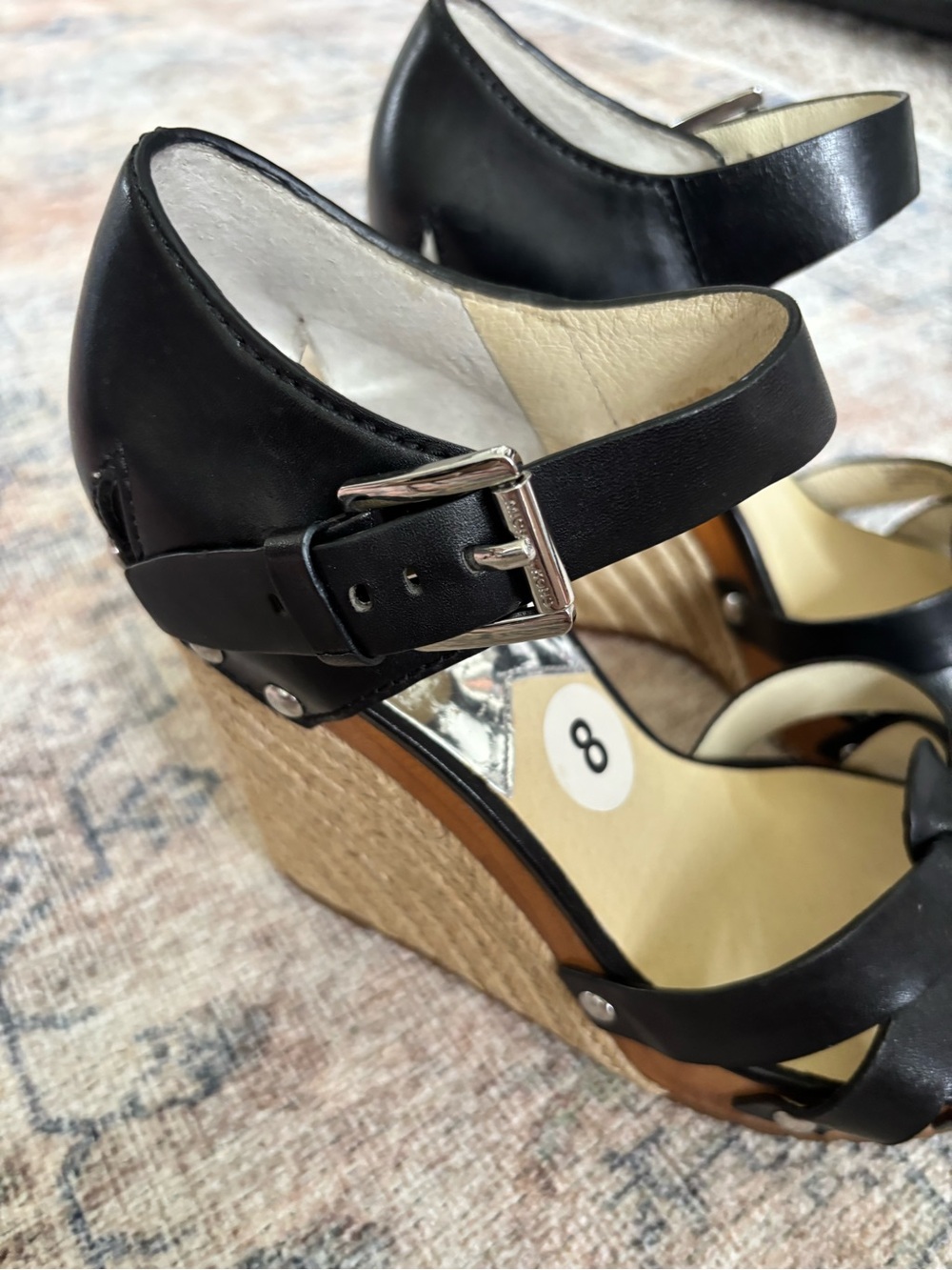 Michael Kors Black Leather Espadrille Wedge Sandals with Buckle - Picture 12 of 15